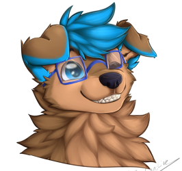 A cute golden retriever with a stylish blue hairstyle and glasses